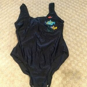 Basic Editions vintage bathing suit onepiece black w/ embroidered tropical fish